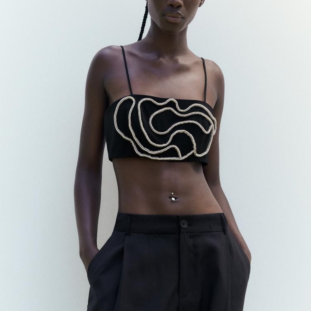 ZARA Black Crystal Rhinestone Euro Summer Crop Top